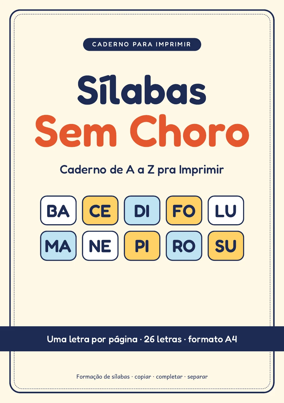 Capa do caderno Sílabas Sem Choro: Caderno de A a Z pra Imprimir, com sílabas em quadradinhos coloridos