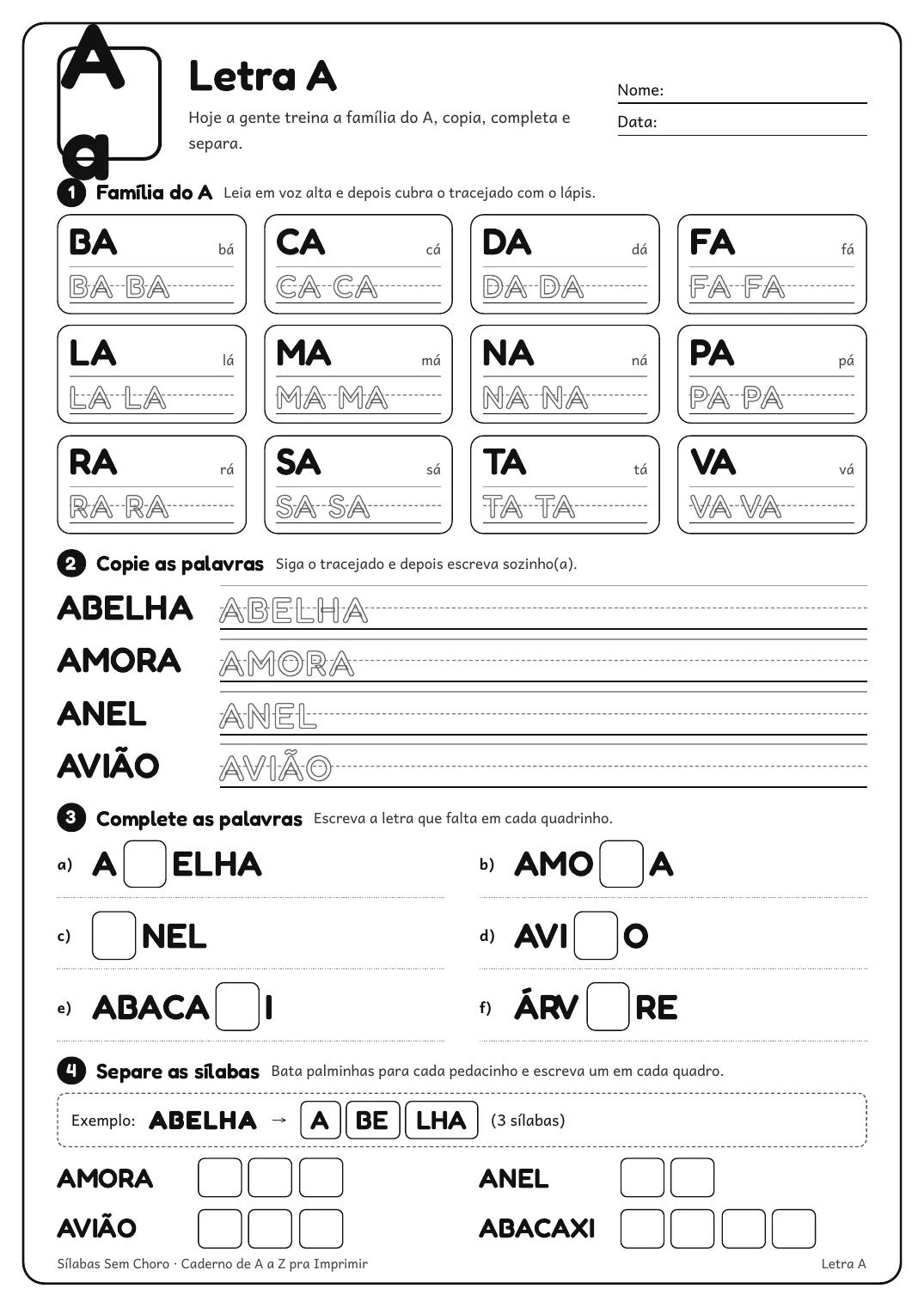 Folha da letra A em A4: família do A com as sílabas BA a VA, copie as palavras, complete as palavras e separe as sílabas